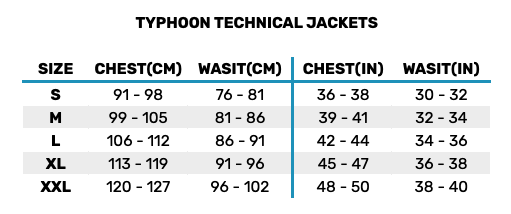 2025 Typhoon Technical Jackets 0 Size Chart